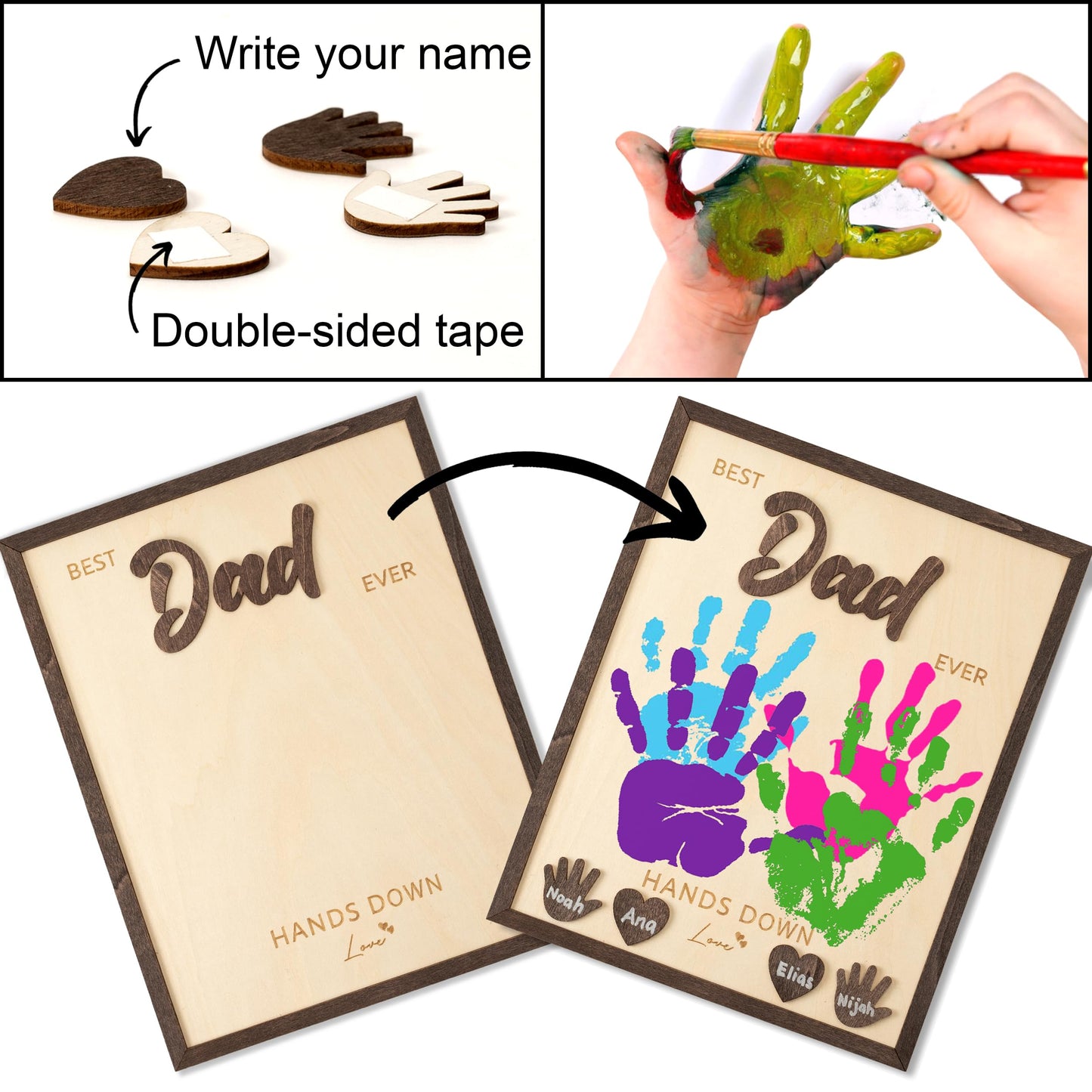 Best Dad Ever Hands Down Sign Wooden Handprint Frame DIY Gifts, Fathers Day Personalized Gifts from Kids, Daughter, Son - Fathers Day Crafts for Kids, Custom Birthday Gift for New Dad, Stepdad