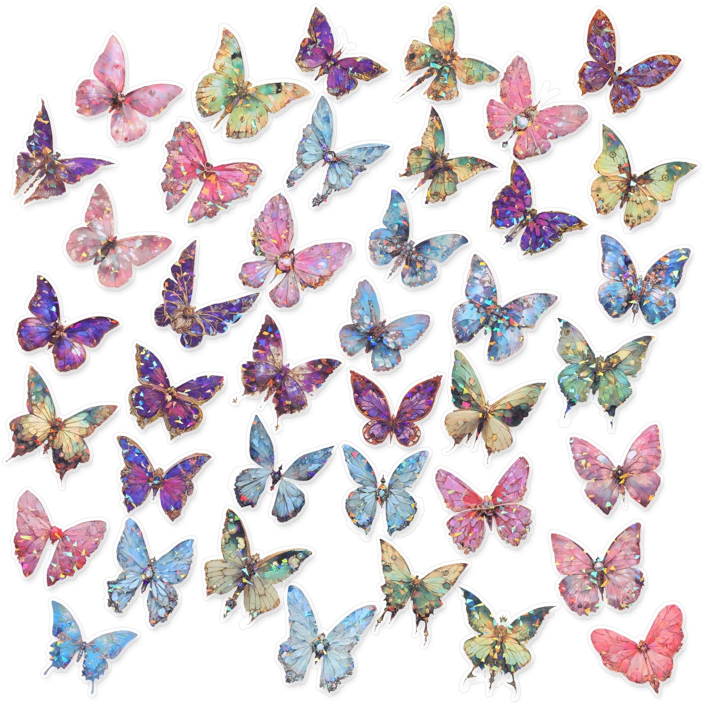 80PCS Holographic Glitter Butterfly Stickers Transparent Pretty Shiny Butterfly Decals Waterproof Transparent PET Decals for Scrapbooking Journaling Planners Phone Water Bottle DIY Crafts