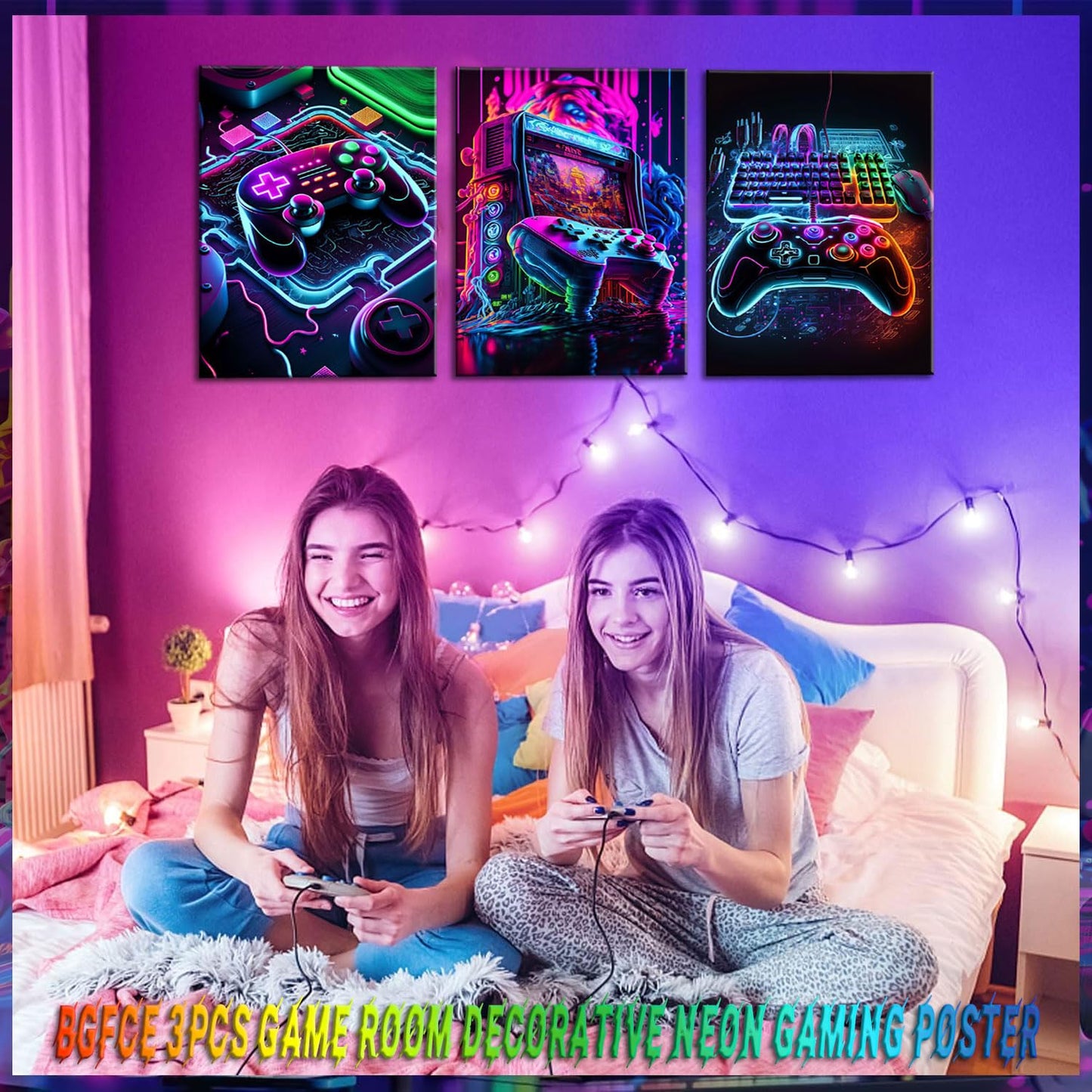 BGFCE Game Room Decor Posters Set of 3 - Neon Gaming Accessories Theme Canvas Wall Art, Gamer Console Paintings Picture Wall Decor for Children Youth Boys Bedroom 12x16 inch Unframed