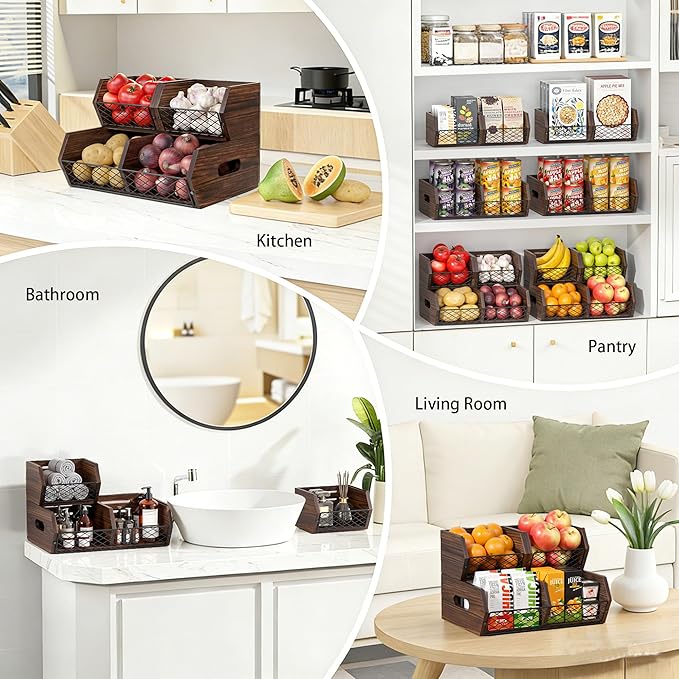 Wood Potato and Onion Storage Bins, Stackable Pantry Organizer, Rustic Produce Storage Baskets for Vegetable, Fruit and Snack