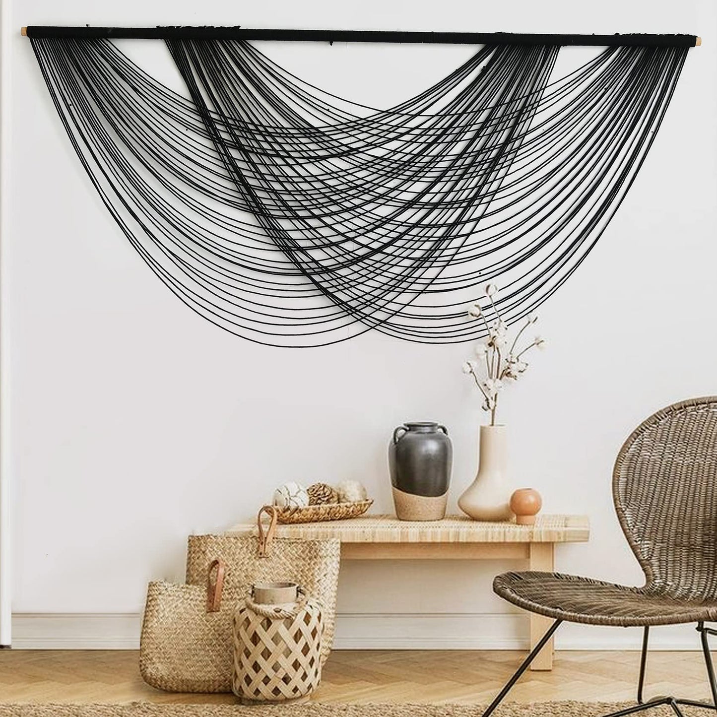 Flber Macrame Wall Hanging Black Boho Wall Decor Large Boho Yarn Tapestry Living Room Bedroom Home Wall Decor 57" W x27 L