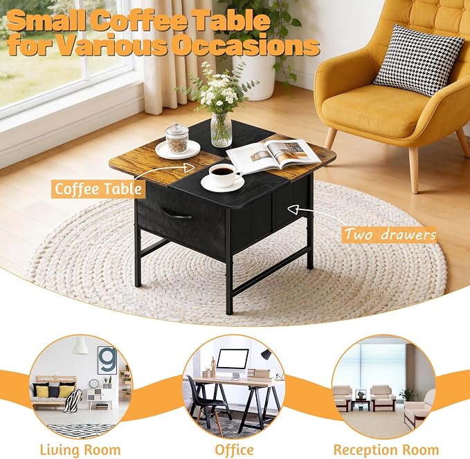 Coffee Tables for Living Room,Modern Small Coffee Table with 2 Large Storage Drawers,Wooden Square Center Table for Small Space,Apartment,Dorm,Home Office,Black Brown