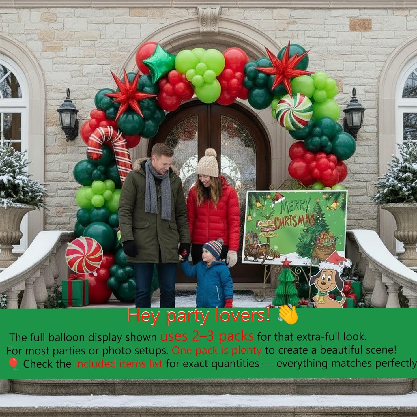 Christmas Balloon Garland Arch Kit with backdrop Xmas Red Green Balloons Candy Cane Santa Claus Star Foil Balloons for Christmas New Year Birthday Party Decorations