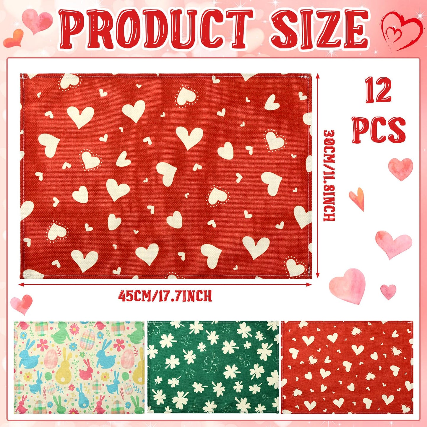 SmoothNovelty 12 Pcs Easter Rabbit Placemat St. Patrick's Day Shamrock Clover Placemats Red Heart Place Mat 18 x 12 Inch Burlap Washable Table Mats for Kitchen Dining Wedding Party(Fresh)
