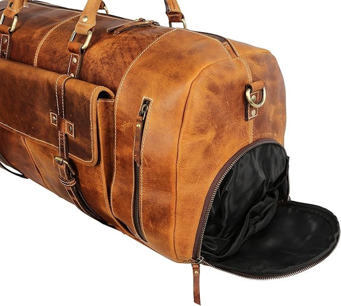 KomalC 24 Inch Leather Duffel Bags for Men and Women Full Grain Leather Travel Overnight Weekend Leather Bags Sports Gym Duffle for Men (Tan with Shoe pocket)