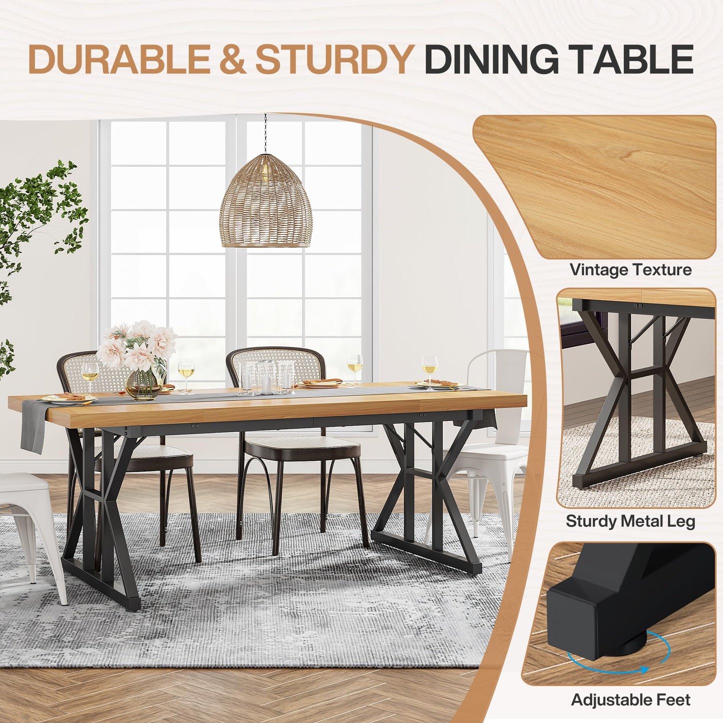 Tribesigns Farmhouse Dining Table for 6 People, 70.8-Inch Rectangular Wood Dining Table, Rustic Kitchen Table with Heavy Duty Metal Legs for Dining Room