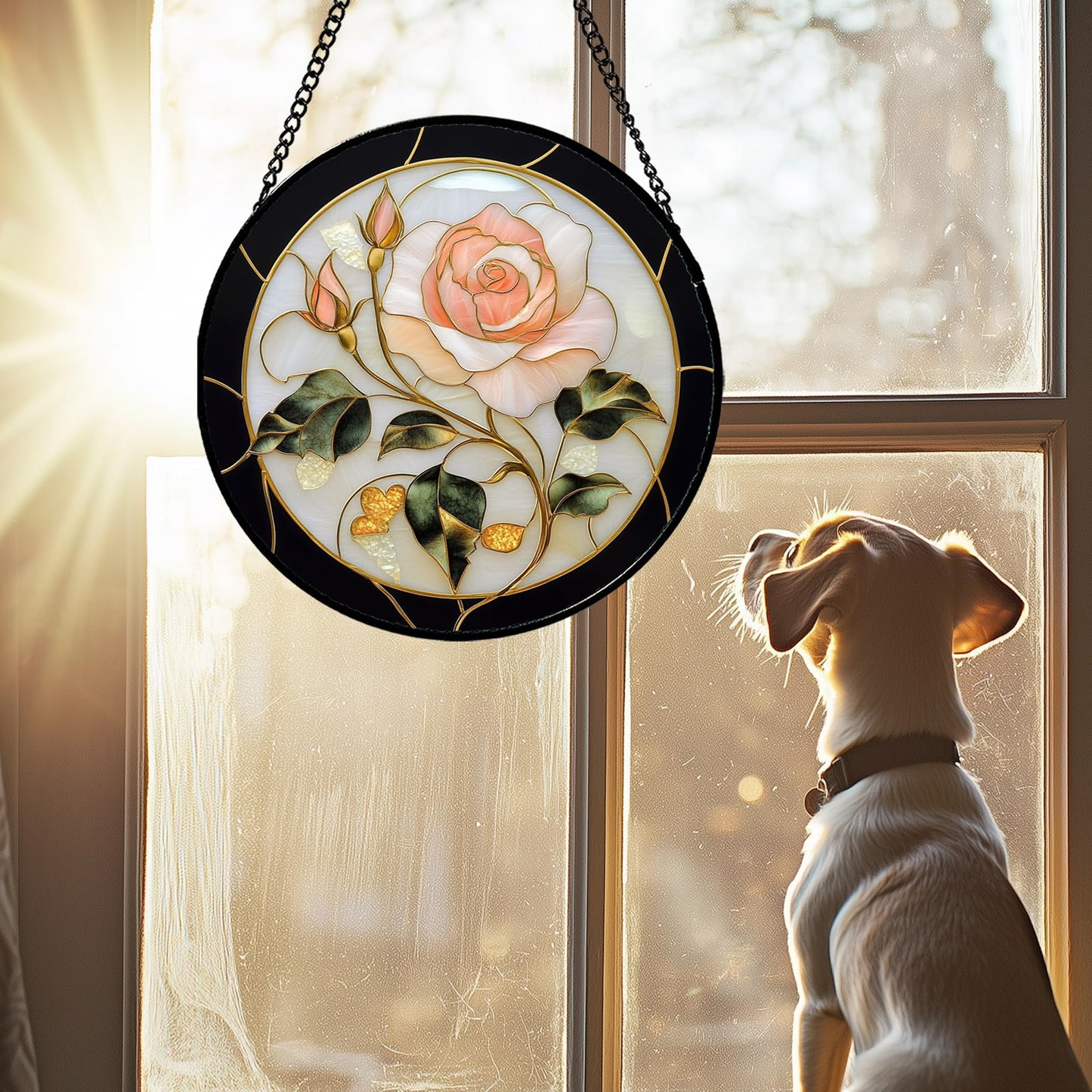 AMDERVEN Stained Glass Window Hanging - Black White Pink Rose Sun Catcher for Door Home Decor Flower Suncatcher Christmas Mother's Day Birthday Gifts for Women Men Lovers Mom Nana 15 in