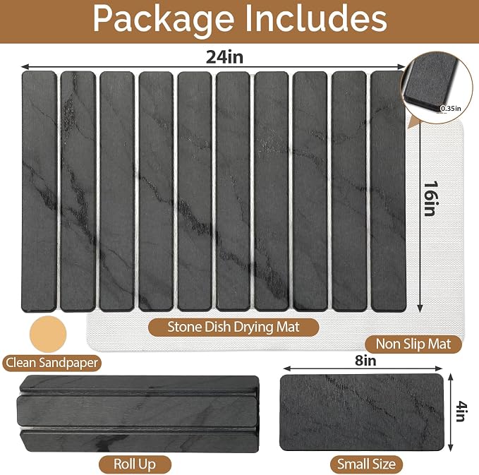 Large Stone Dish Drying Mat for Kitchen Counter, Quick Dry Stone Dishes/Bath Mats,Foldable Water Absorbing Diatomaceous Earth Drying Organizer Pad for Plate Rack Bottles Utensils(Dark Gray 24"×16")