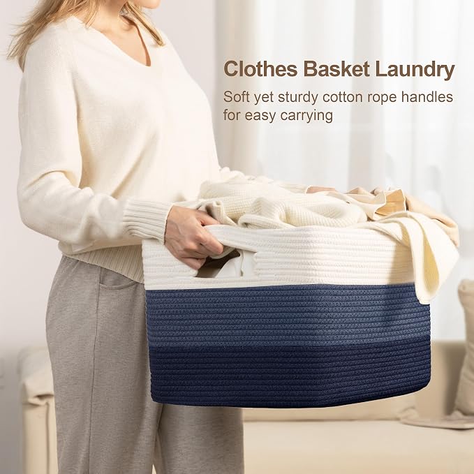 60L Laundry Basket with Leather Handles for Living Room Storage, Woven Rope Baskets Bin for Blanket, Kids Toy, Gifts, Wicker Hamper for Bedroom Dirty Clothes,Gradient Blue