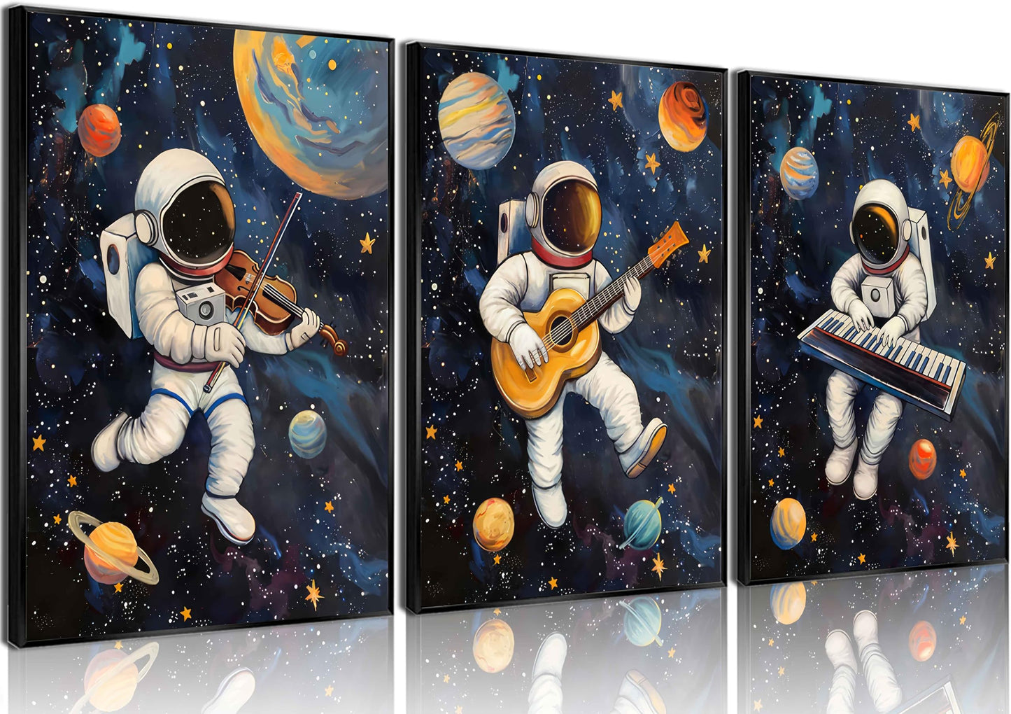 3Pcs Space Astronaut Music Posters Wall Art Cute Astronaut Musician Decor Pictures Funny Piano Guitar Violin Posters Prints for Boys Room Girls Room Kids Room Nursery Decoration Unframed