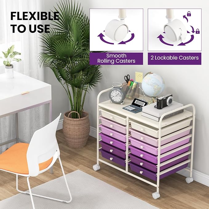 Giantex 12 Drawers Rolling Cart, Mobile Storage Drawer Cart, Classroom Organizer Cart for Office School Supplies Tools Scrapbook Paper Craft Small Printer, Utility Cart on Wheels, Purple Gradient