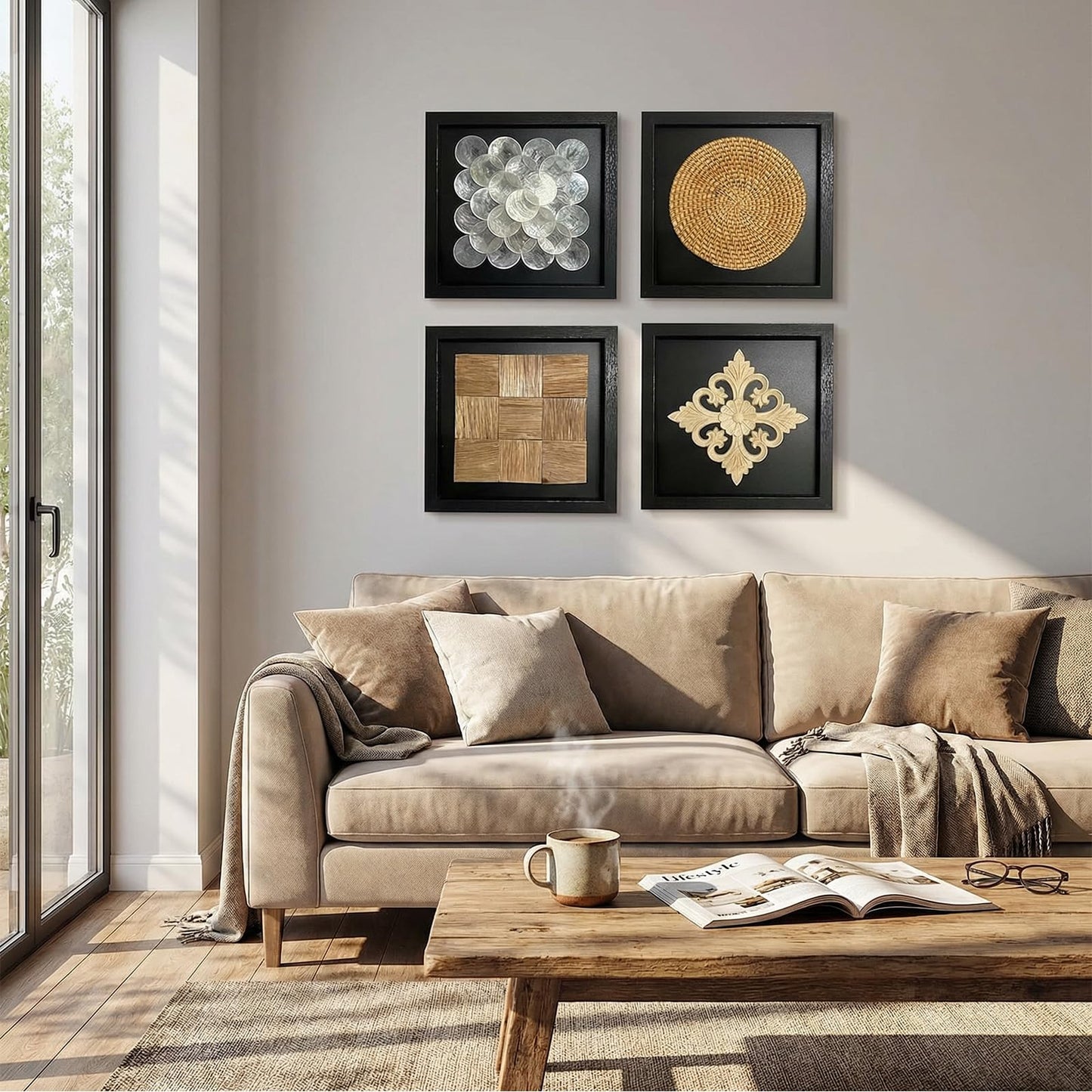 DREMECH Handmade 4-Piece Wall Art Set - Natural Shell/Rattan/Wood/Carved Decor with Black Frame | Unique Boho/Modern Home Decor for Living Room, Bedroom | One-of-a-Kind Artisan Wall Hangings