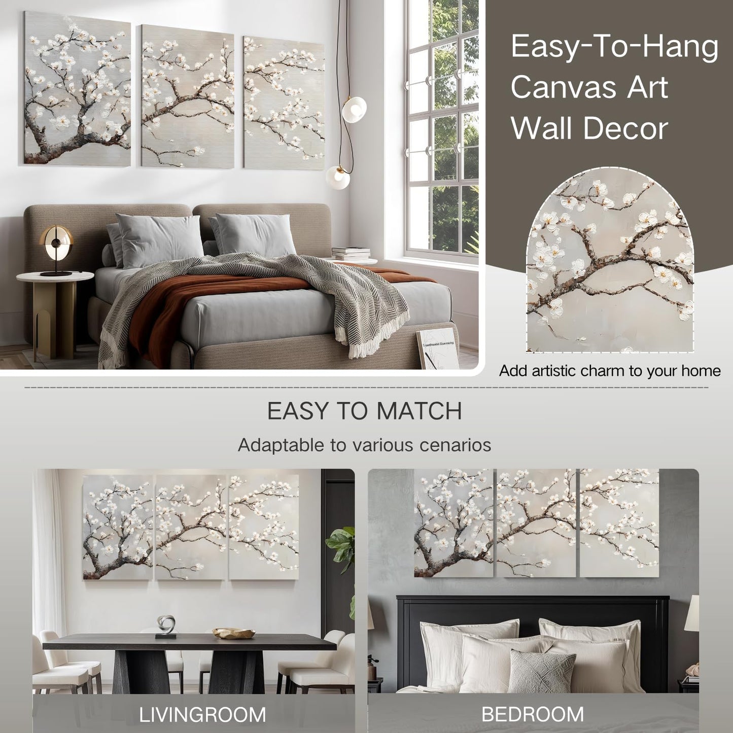 Wivsev Plum Blossom Wall Decor,Plum Blossom Canvas Wall Art,Beige Wall Art,Abstract Tree Print,Tree Wall Decor for Bedroom,Livingroom,Office (24" x 36" x 3 pcs)