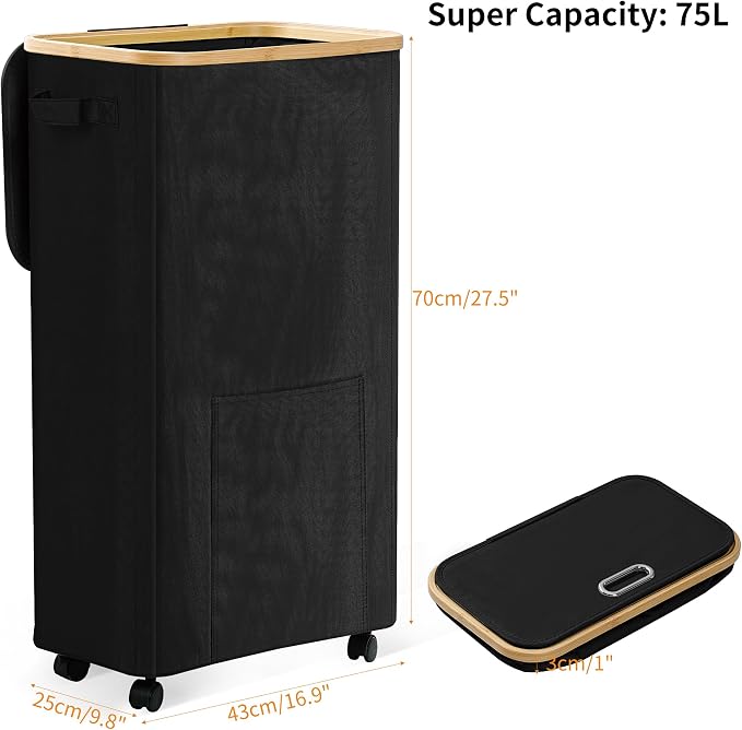 Laundry Basket with Wheels, Dirty Clothes Hamper on Wheels, Rolling Tall Laundry Hamper with lid for Laundry Room, Dorm and Bathroom, 75L Black