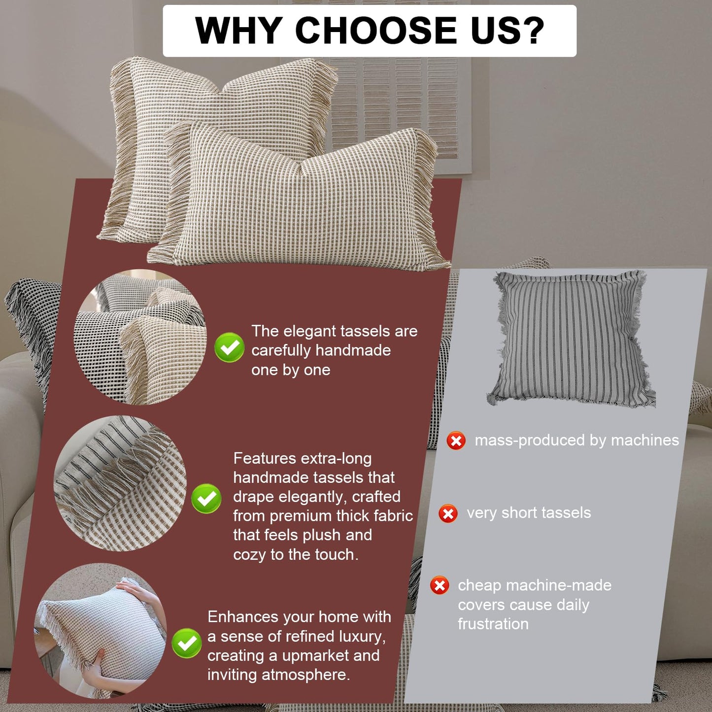 Hahbabya Boho Throw Pillow Covers 18x18 Set of 2 Soft Cotton Striped Fringe Pillow Cover Farmhouse Cushion Covers with Elegant Handmade Tassel Decorative Square Pillowcase for Couch Sofa Bed, Khaki