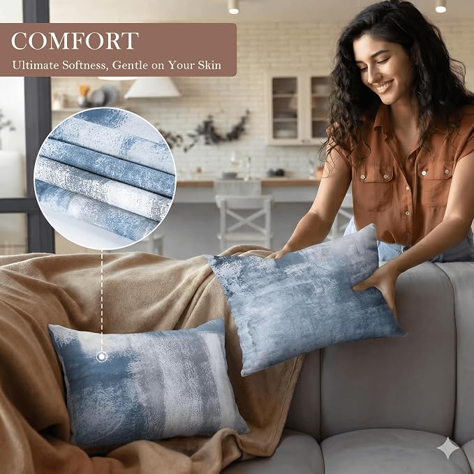 Set of 4 Abstract Art Throw Pillow Covers 12x20 Inch, Dusty Blue and Grey Modern Decorative Cushion Cases for Couch Sofa, Soft Velvet Double-Sided Print Washable Pillow Covers