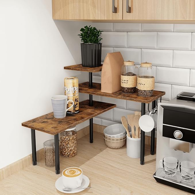 Homode Kitchen Countertop Organizer - 3 Tier Corner Shelf, Bathroom Counter Organizer, Spice Rack, Coffee Bar, Over Sink, Rustic Brown