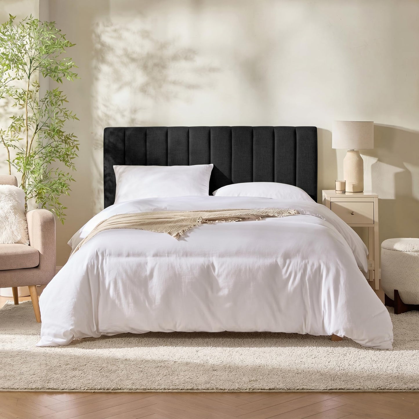 Hearth & Harbor Upholstered Queen Headboard - Easy Assemble Channel Stitched Headboard Queen Size - Wall Mounted Headboards with 3D Soundproof Wall Panels Peel & Stick Floating Headboards, Black