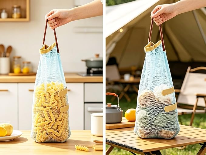 Ahyuan Hanging Mesh Storage Bags 5 Pack Onion Garlic Potatoes Net Mesh Bag Long and Large Reusable Net Produce Bags for Fruit Veggies Garbage Bag for Home RV Camper (Blue)