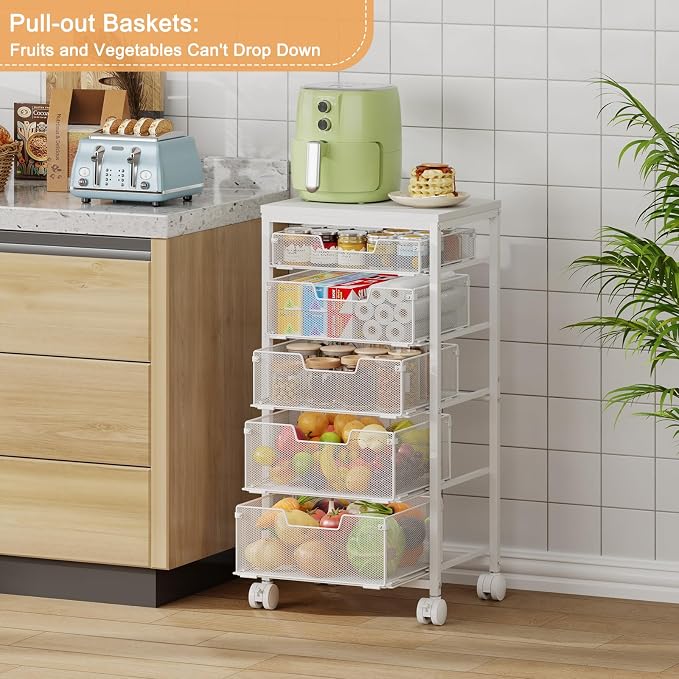 Kitchen Storage Cart with Wheels, 5-Tier Fruit Vegetable Storage Cart, Kitchen Organizer and Storage Cart with Drawers, Wooden Top Metal Wire Pantry Storage Cart for Fruit Snack Onion Potato, White