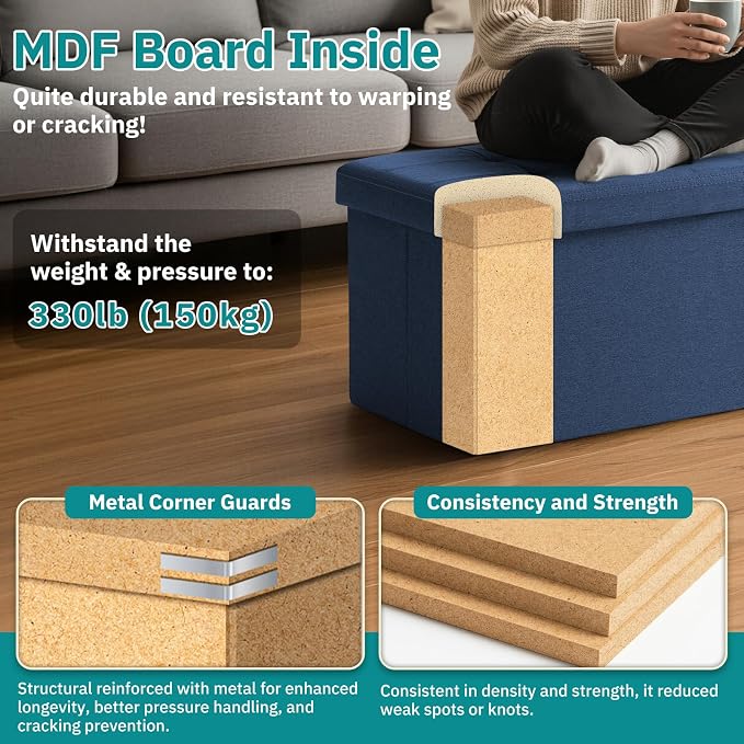 35-INCH Storage Ottoman Bench, Footrest with Storage, End of Bed Bench Coffee Table for Living Room, Bedroom, Entryway, Blue