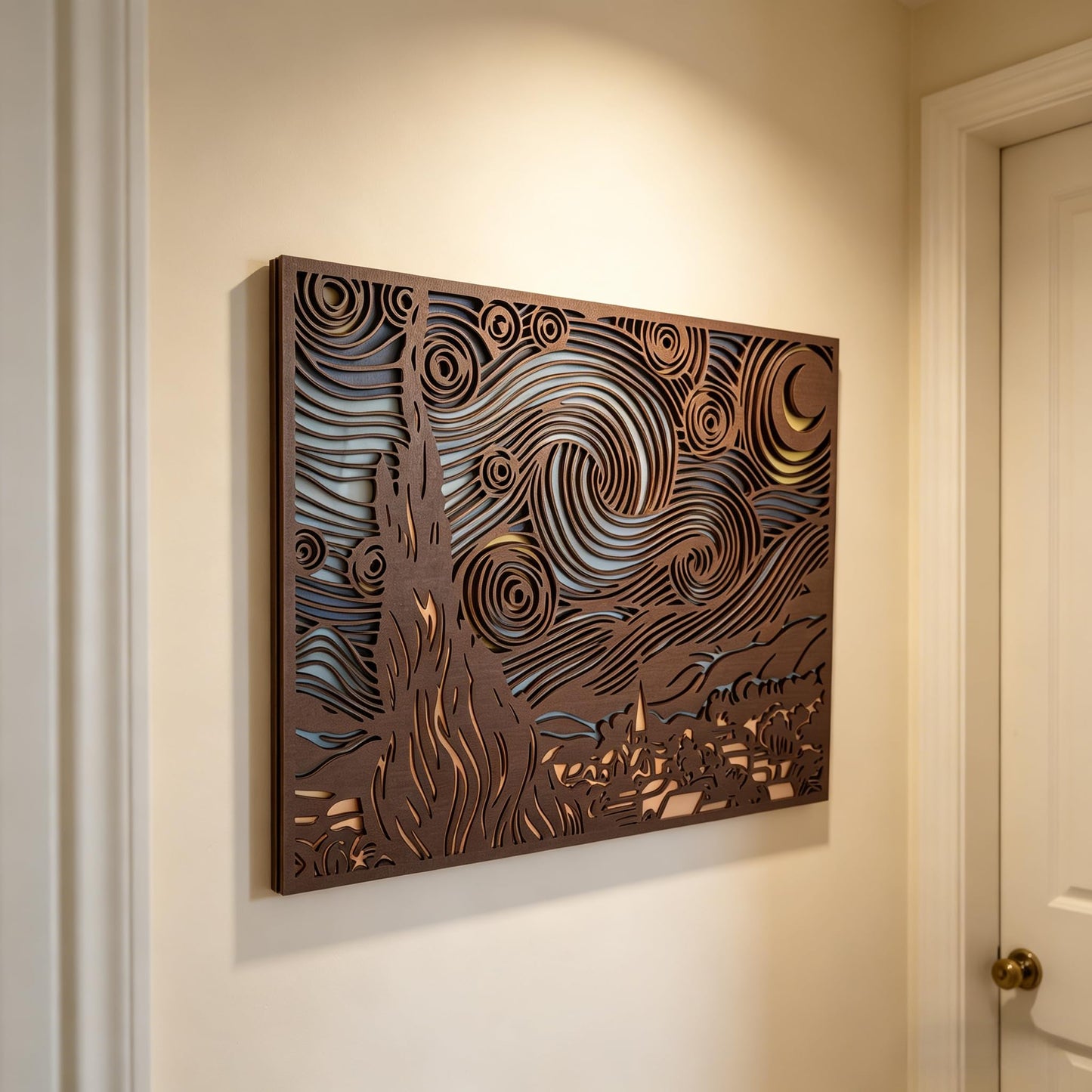 Starry Night Wood Wall Art, 5-Layer Laser Cut, 3D Multilayer Decor, 16x12 inch, Van Gogh Inspired