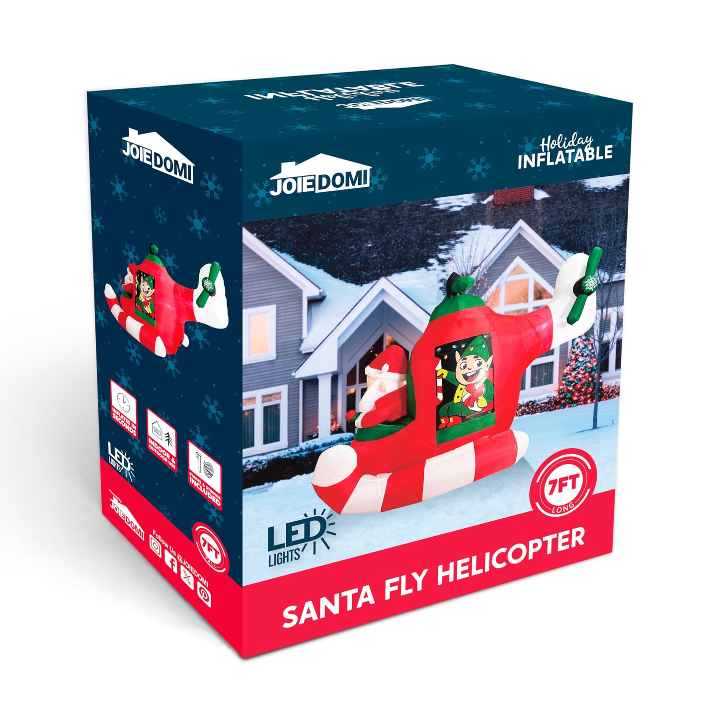 JOIEDOMI 7 FT Long Christmas Inflatable Santa Elf on Animated Helicopter, Blow Up Santa Inflatable on Flying Airplane with Rotating Propeller Yard Decor with LED for Xmas Party Garden Lawn Decor