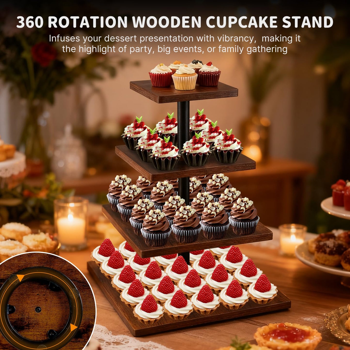 NANXITU 4 Tier Cupcake Stand for 50 Cupcakes,360 Rotatable Wooden Cake Dessert Tower Holder,Rustic Square Tiered Tray Serving Display for Wedding Birthday Baby Shower Tea Party