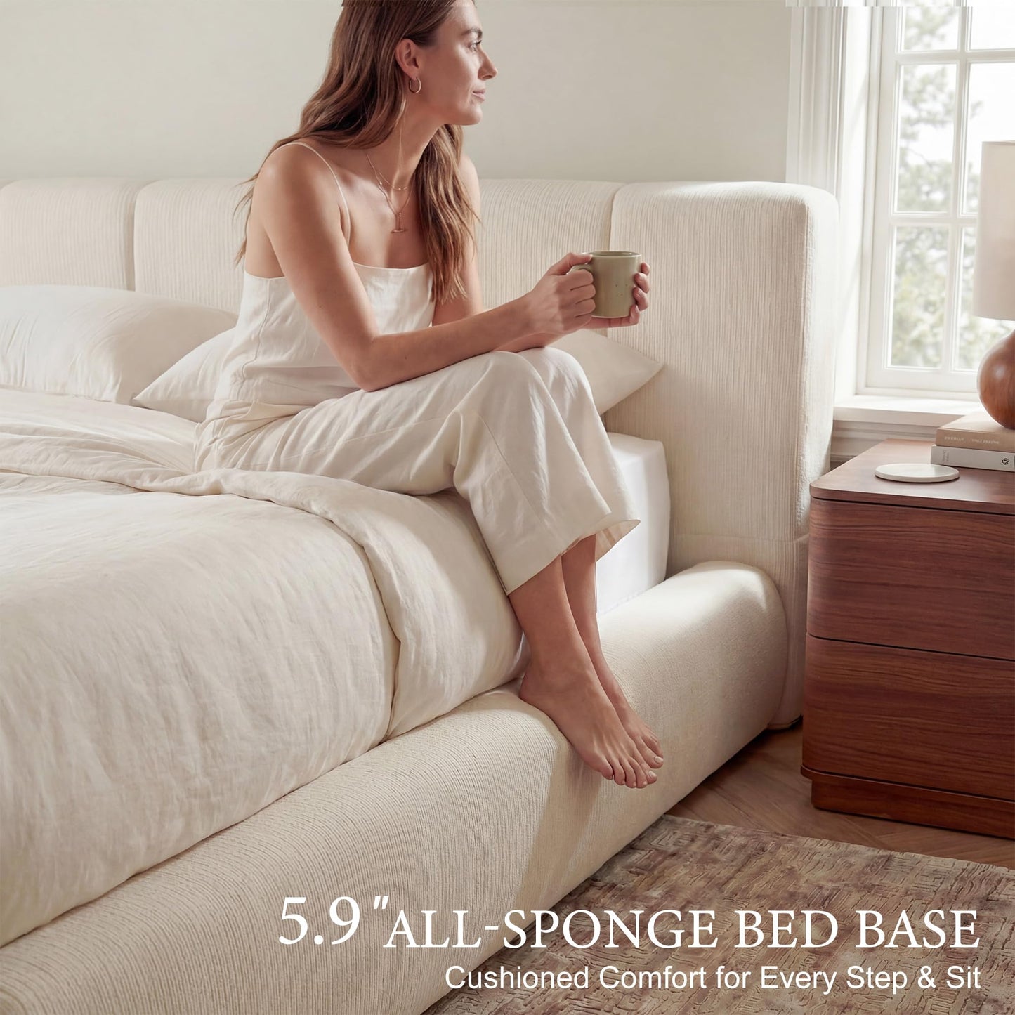 Yechen Queen Cloud Bed Frame with Headboard Removable, 5.9'' Boucle Upholstered Bed Rounded Corner Design, Soft Modern Low Platform Floor-Standing Support, Easy Assembly, No Box Spring Needed, Cream
