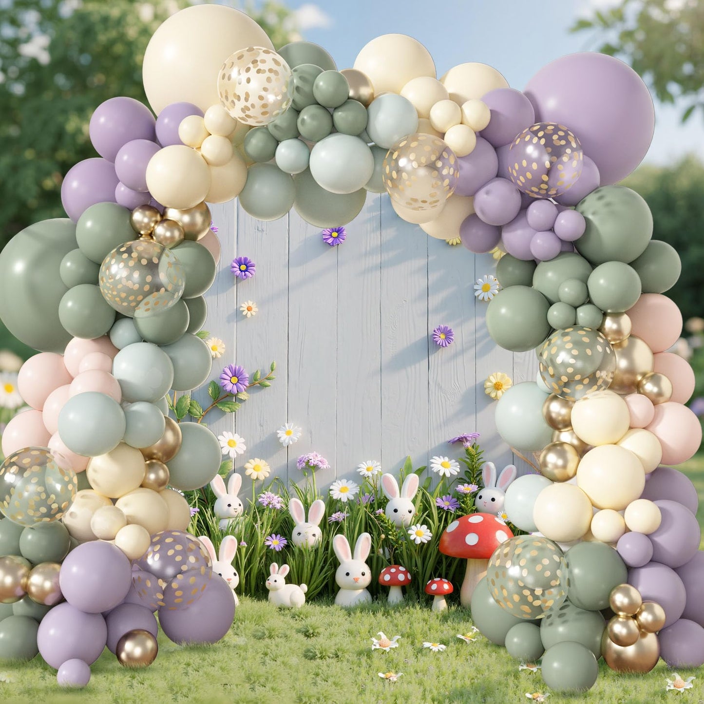 Amandir 173Pcs Dusty Green Purple Pink Balloon Arch Garland Kit, Lavender Pastel Blush Pink Yellow Mist Green Gold Confetti Balloons for Easter Shower Wedding Tea Wildflower Birthday Party Decorations