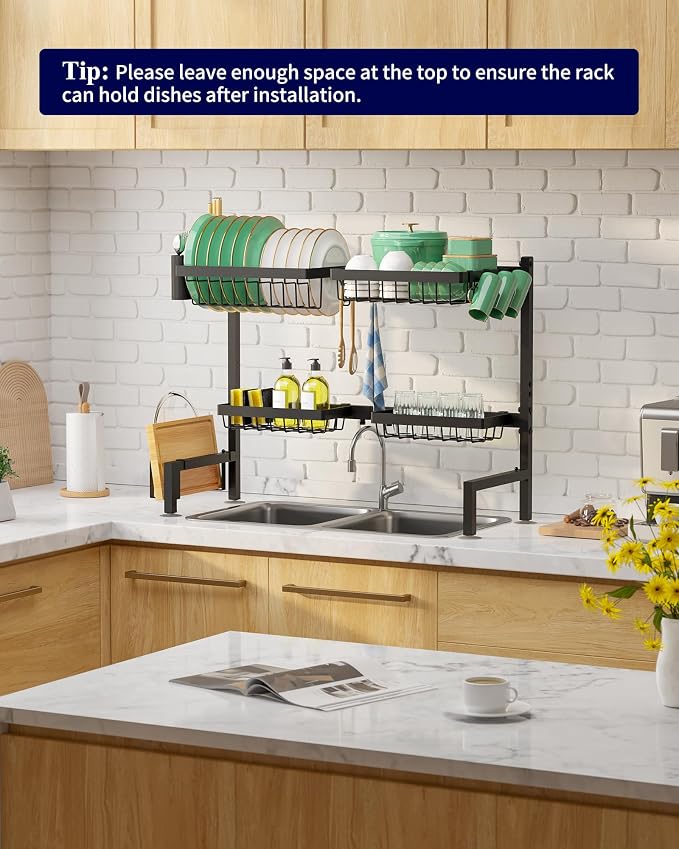Kitsure Over The Sink Dish Drying Rack - 26.8" to 33.9"x21.5", Adjustable Sink Drying Rack for Kitchen Sink with Large Capacity, 2-Tier Dish Rack Over Sink with Multifunctional Baskets, Black