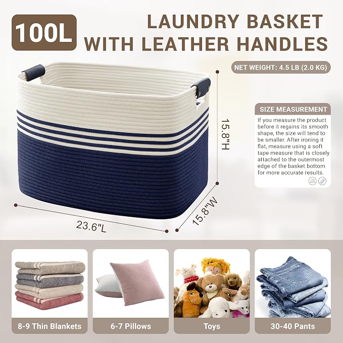 100L Extra Large Laundry Basket with Leather Handles for Living Room Storage, Woven Rope Baskets for Blanket, Kids Toy, Gifts, Wicker Hamper for Bedroom Dirty Clothes, 24"x16"x16" White Navy
