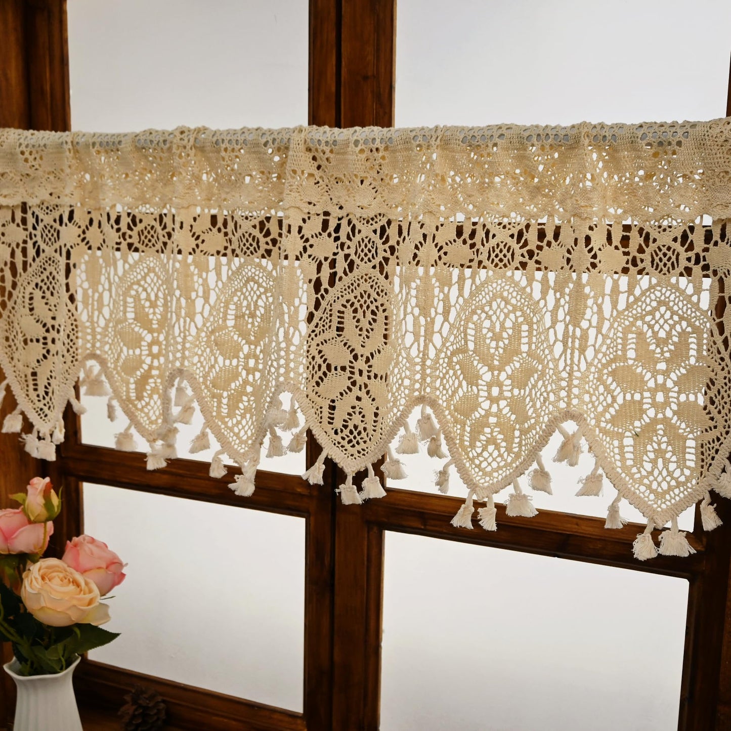Yunsurey Retro Crochet Curtain Valance for Kitchen Window Boho Curtain Tiers for Coffee Decor Rod Pocket Farmhouse Short Curtains for Room Divider 1 Panel Knitting Doorway Curtain W35 X L15 Inch