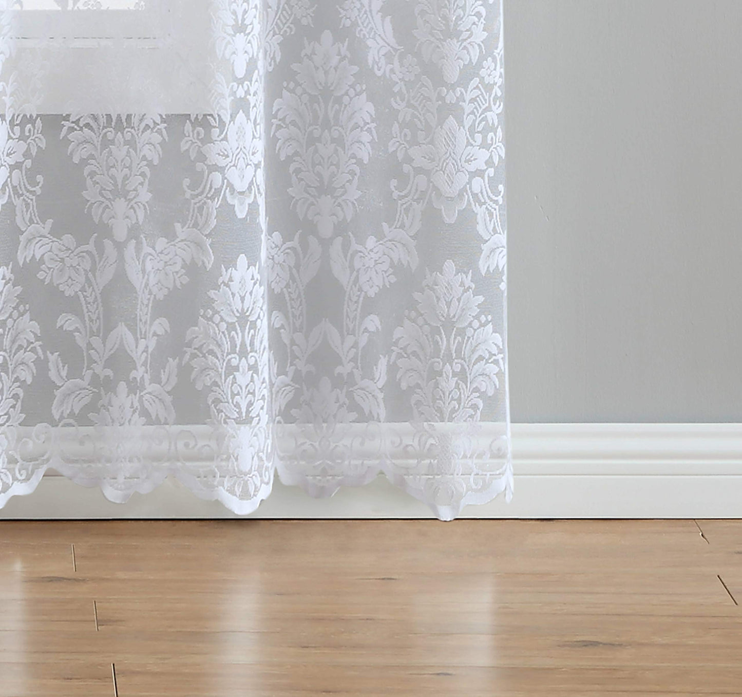 LinenZone Luxury White Knitted Lace Curtain Panels Pair of 2 with Beautiful Scalloped Bottom. Premium Farmhouse Curtains for Living Room, Bedroom and Dining Room Décor. (Lisa 38 x 63, White)
