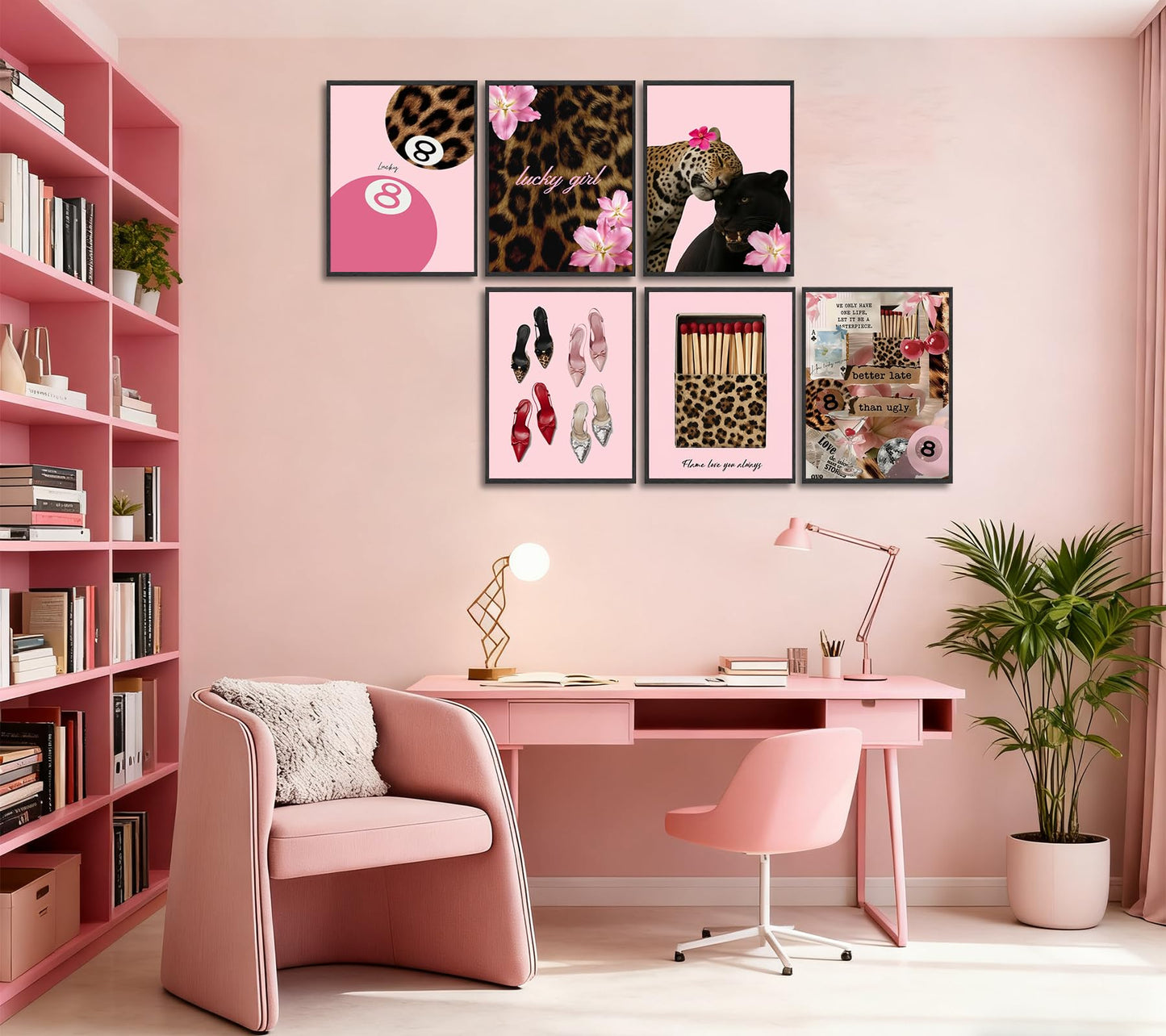 6Pcs Trendy Pink Leopard Canvas Wall art Preppy Y2K Posters Print Artwork Fashion Cheetah Flowers Painting Pictures Wall Decor for Girls' Room Dormitory Apartment Home Decoration 8x10in Unframed