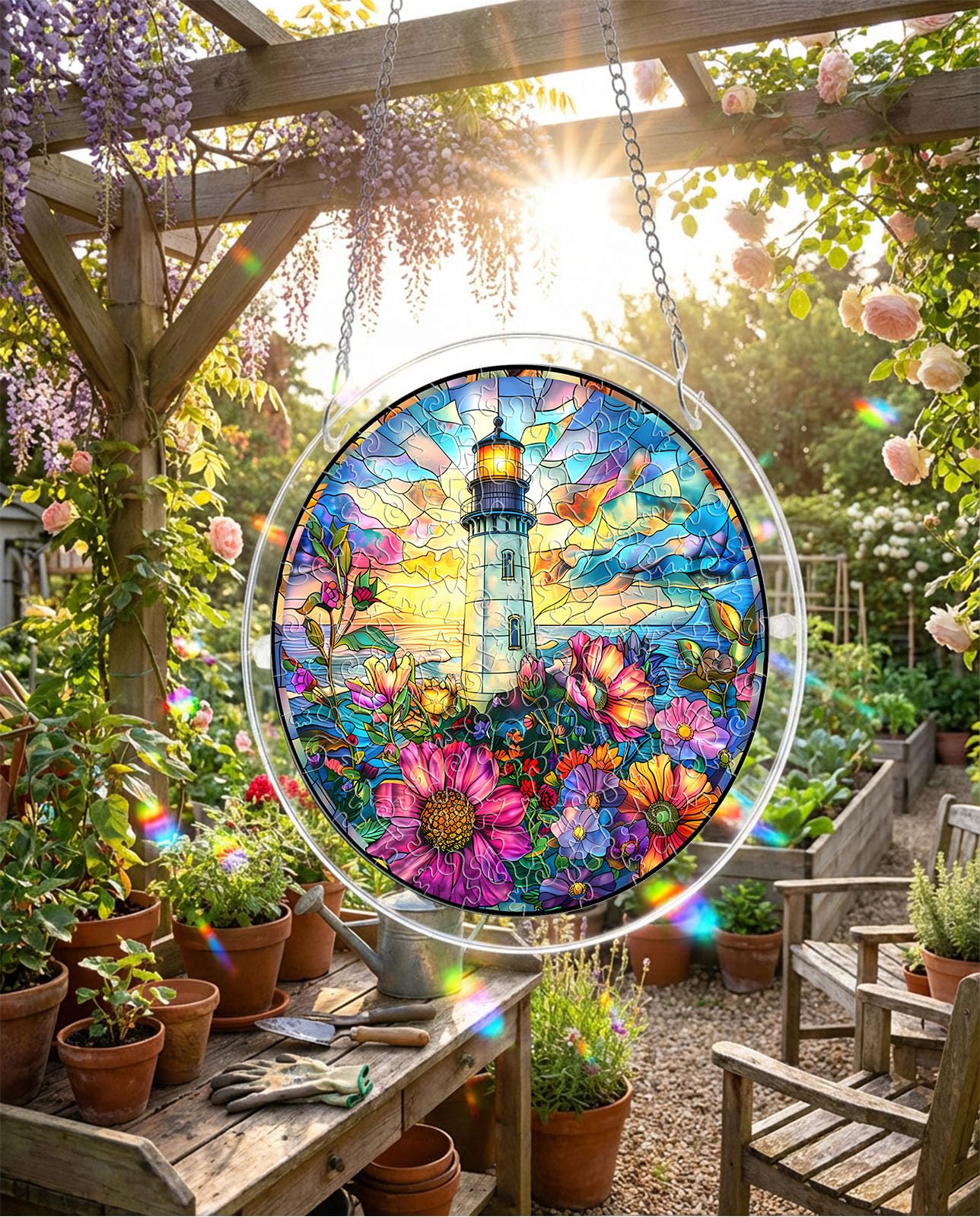 Acrylic Jigsaw Puzzle Suncatcher, Ocean Lighthouse Stained Glass Style Puzzle for Adults, DIY Sun Catchers Indoor Window, Home Decor, Creative Gift for Mothers Day, Birthday, Mom, Grandma-S