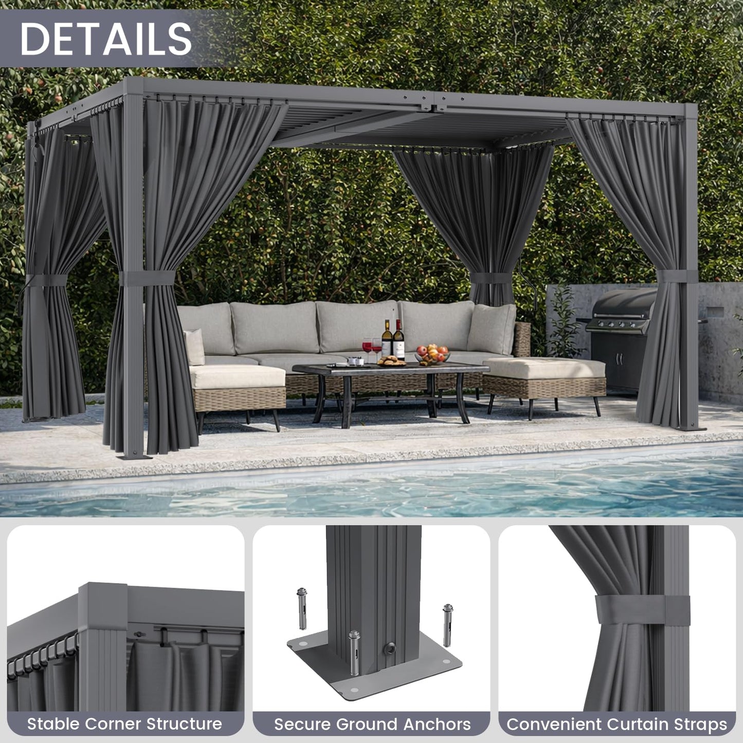 SAILARY Louvered Pergola 12' x 16' with Waterproof Curtains, Outdoor Aluminum Pergola with Reinforced Steel Roof, Heavy-Duty Hardtop Gazebo, Privacy Shaded Shelter, Grey