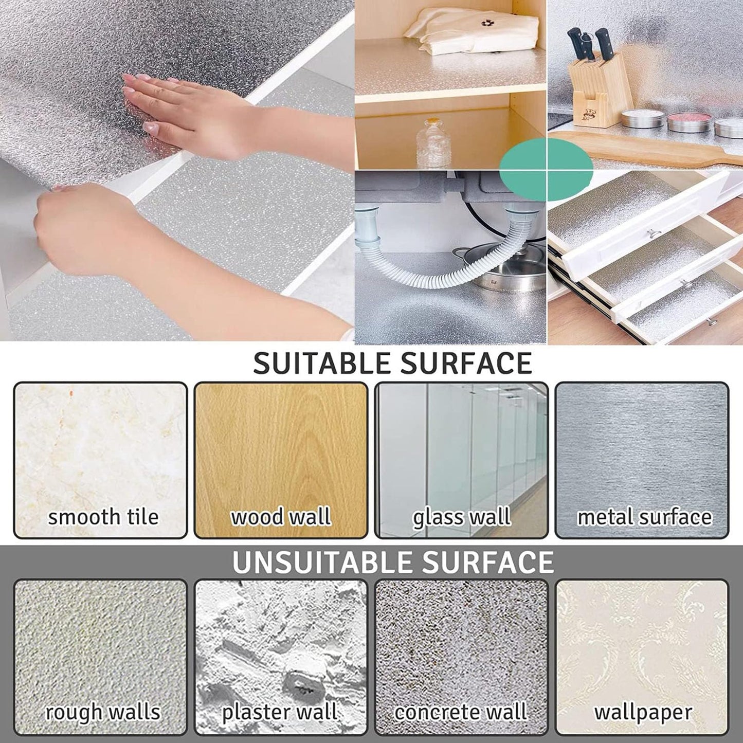 Beminh Kitchen Wallpaper Oil Proof Sticker Backsplash Aluminum Foil Self-Adhesive Paper Silver Cabinet Liner Shelf Liner Waterproof and Heat Resistant Peel and Stick Backsplash(15.7X118 Inches)