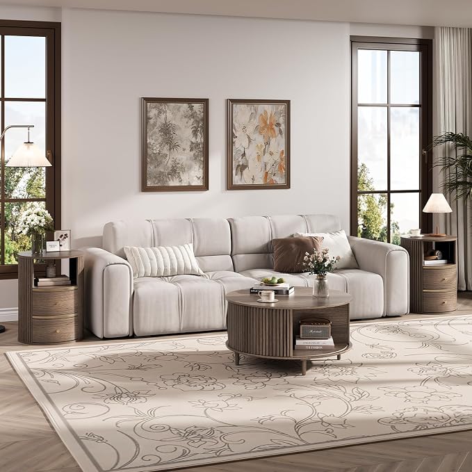 JOINICE Round Coffee Table and End Table Set,31.5" Mid Century Modern Living Room Furniture, Walnut Fluted Center Table with Storage & Matching Side Table for Small Space