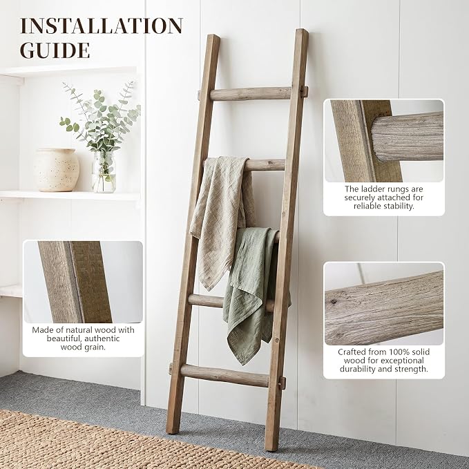 Blanket Ladder Pre Assembled 76in Wooden Ladder Shelf Living Room Bathroom Bedroom Decorative Wall Leaning Farmhouse Quilt Display Holder Rustic Towel Rack (Brown, 57in（5-Tier）)