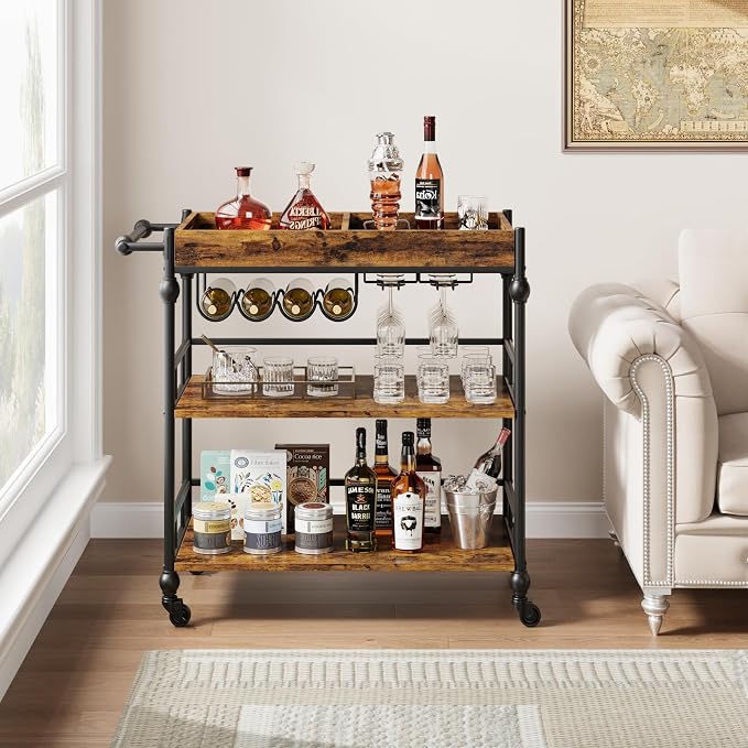 GarveeHome Bar Cart with Wheels, 3-Tier Serving Cart for Home, Mobile Rolling Beverage Cart with Wine Rack and Removable Tray for Kitchen, Dining, Living Room, 35.4" x 15.7" x 34.1", Rustic Brown