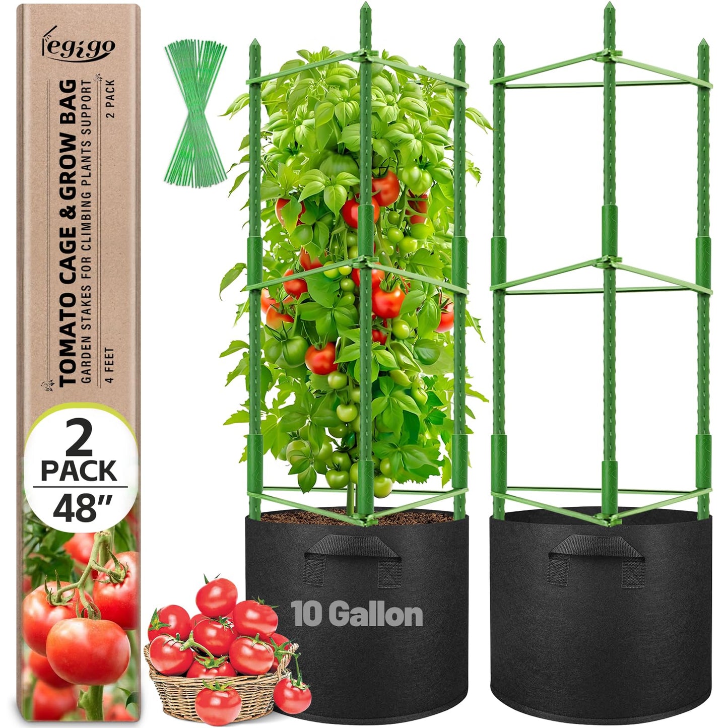 Legigo 2 Pack Tomato Cages with 10 Gallon Grow Bags- 48inch Tomato Trellis Plant Support Stakes Planter, Tomato Plant Cages Garden Trellis for Vertical Climbing Plants Vegetables Flowers Fruits