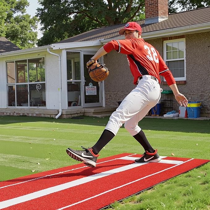 VEVOR 10x3ft Softball/Baseball Pitching Mat with Rubber Mound - Anti-Fade Turf & Anti-Slip Foam Backing, Portable Fastpitch Training Aid for Indoor/Outdoor Practice (Red/Green)