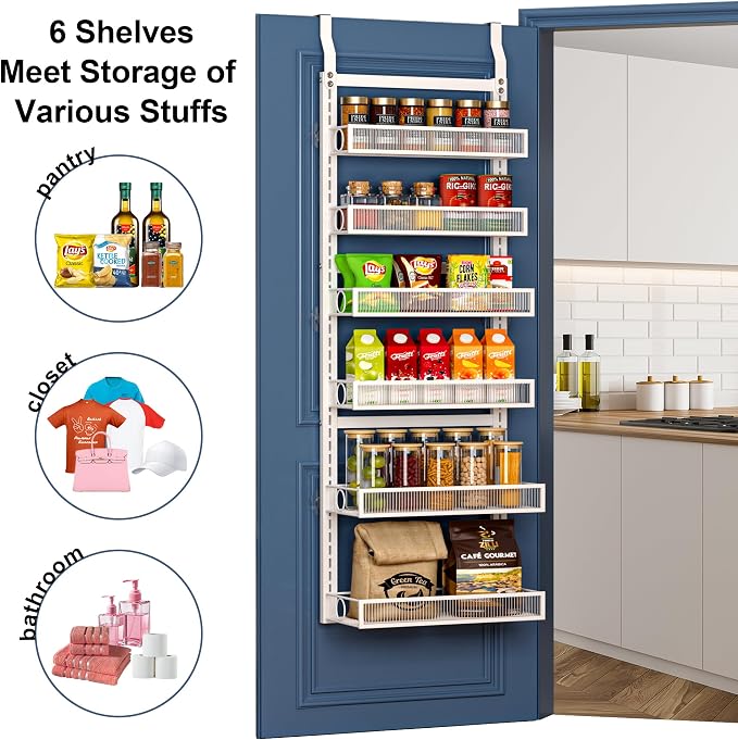 Over the Door Pantry Organizer 6 Tier Hanging or Wall Mounted Spice Rack with Adjustable Basket,Heavy Duty Metal Seasoning Organizer Shelf for Kitchen Pantry and Bathroom