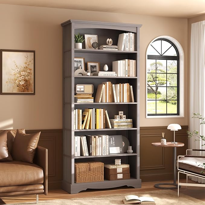 TVU 6-Tier Wooden Bookshelf, 76 Inch Tall Bookshelf with Storage, Floor Standing Modern Style Display Bookcase for Living Room, Office, Study Room, Entryway, Grey