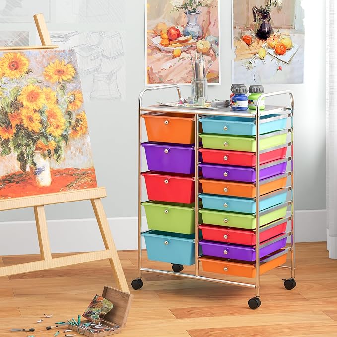 Giantex 15-Drawer Organizer Cart Office School Storage Cart Rolling Drawer Cart for Tools, Scrapbook, Paper (Multicolor)