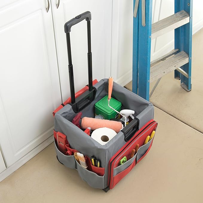 Mobile Folding Utility Cart with Canvas Storage Organizer Bag, Rolling Cart, Red/Grey