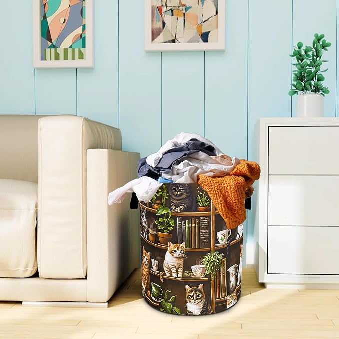 Cute Cat Laundry Basket Bookshelf Animal Oxford Cloth Laundry Hamper Funny With Handle Foldable Portable Clothes Storage Basket 18.9 X 16.5 In Storage Bag For Laundry Room/Bathroom/Bedroom/Dormitories