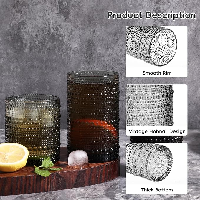 Moretoes Hobnail Drinking Glasses, 12 Piece Gray Water Glass Cups, Mixed Vintage Glassware Set, 6pcs 12oz Highballs and 6pcs 10oz Old Fashioned Glasses, Great for Cocktail, Whisky and Other Beverages