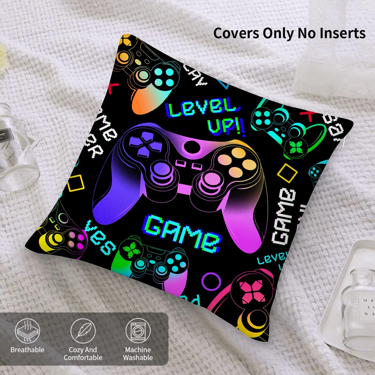 Waiyear Gaming Throw Pillow Covers, Gamer Pillow Cases - 18"x18" Set of 2, Boy Gaming Room Decor